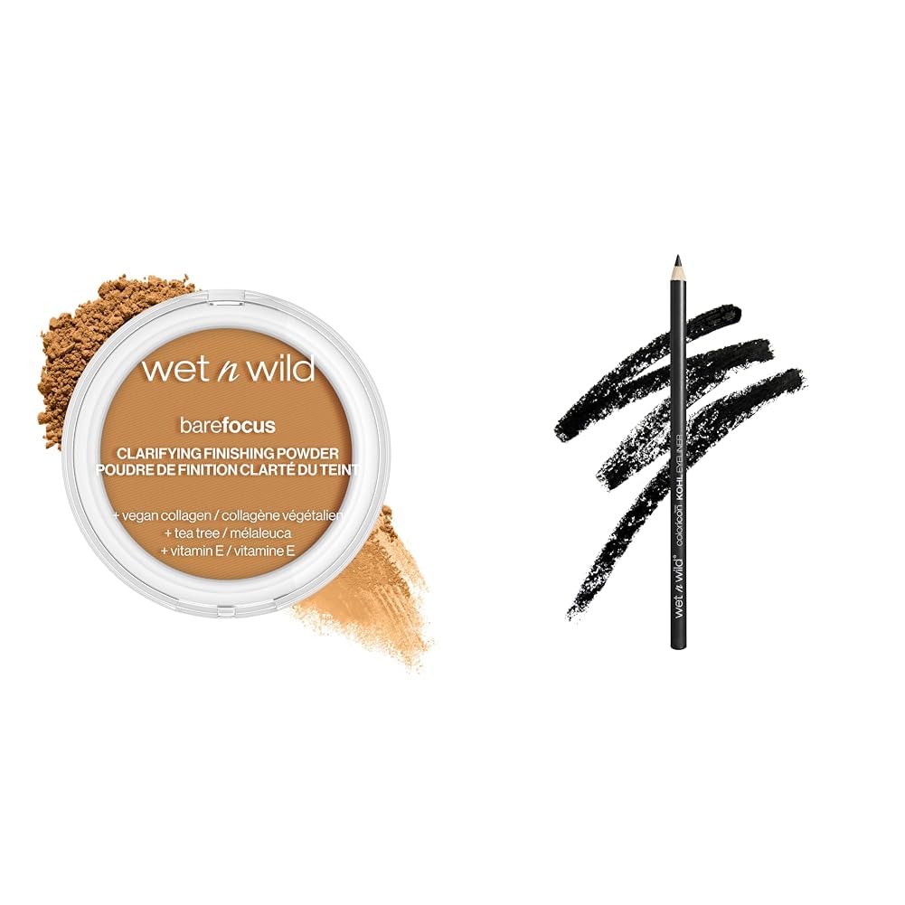 wet n wild Bare Focus Clarifying Finishing Powder Medium-Tan Color Icon Kohl Eyeliner Pencil Babys Got Black Bundle