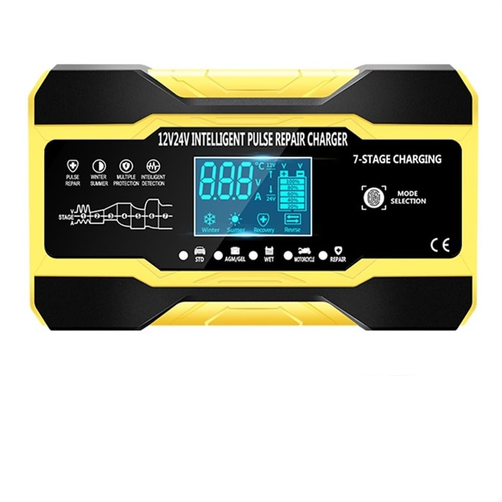 Carica Batteria Auto Caricabatteria for auto 12V 10A / 24V 5A Auto a protezione multipla Caricabatteria for riparazione impulsi intelligente completamente automatico Caricabatterie Auto(Yellow)