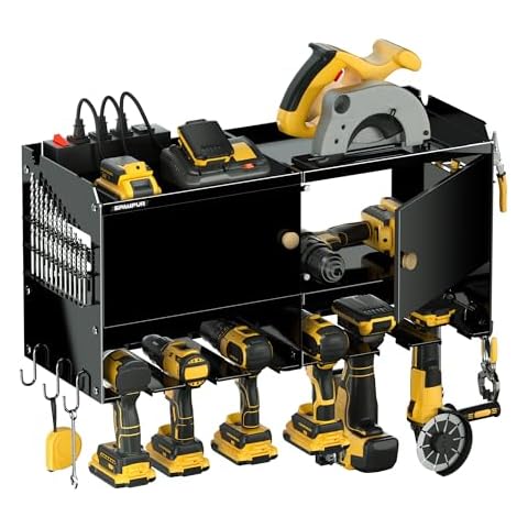 Spampur Power Tool Box with Charging Station,Power Tool Wall Cabinet Storage Cabinet with Doors and Shelves, Garage Metal Storage Cabinet with 4/6/8 Power Slots for Cordless Drill in Workshop/Shed Cover