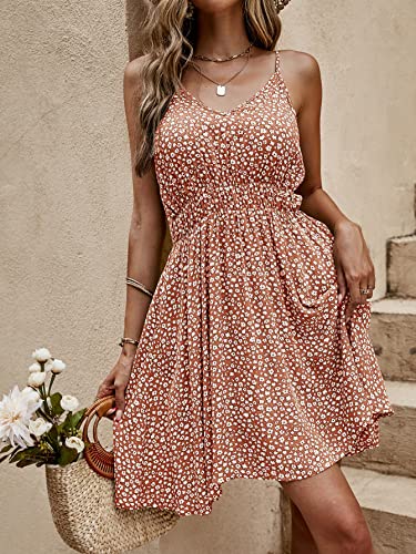 Image of SweatyRocks Women's Boho Floral Print Spaghetti Strap Cami Dress Casual Flare Short Dresses Orange XS