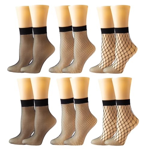 MarJunSep Lace Ankle Socks for Women Cute Elegent Sheer Mesh Fishnet Thin Nylon Crew Socks Sexy Fashion (US Alpha One Size Regular Regular 6 Pairs fishnet socks black)