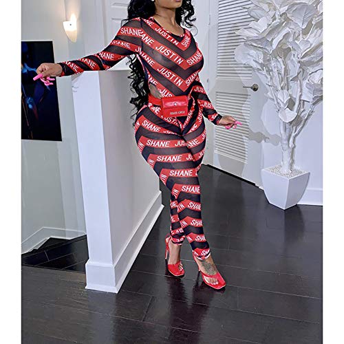 JiherBeauty Womens Sexy 2 Piece Outfits - Letter Print Long Sleeve Mesh See Through Bodycon Jumpsuits Party Clubwear Red