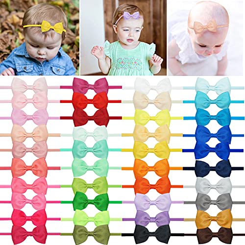 Image of 40 Colors Baby Bows Nylon Headbands 2.75Inch Grosgrain Ribbon Hair Bows Nylon Hairbands Hair Accessories for Newborns Infants Toddlers Kids