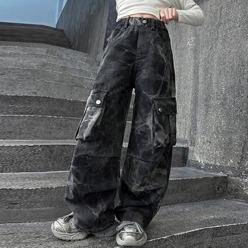 Girls Baggy Cargo Jeans with Multi Pockets Kids Streetwear Denim Pants High Waist Floor Length Distressed Bottoms2
