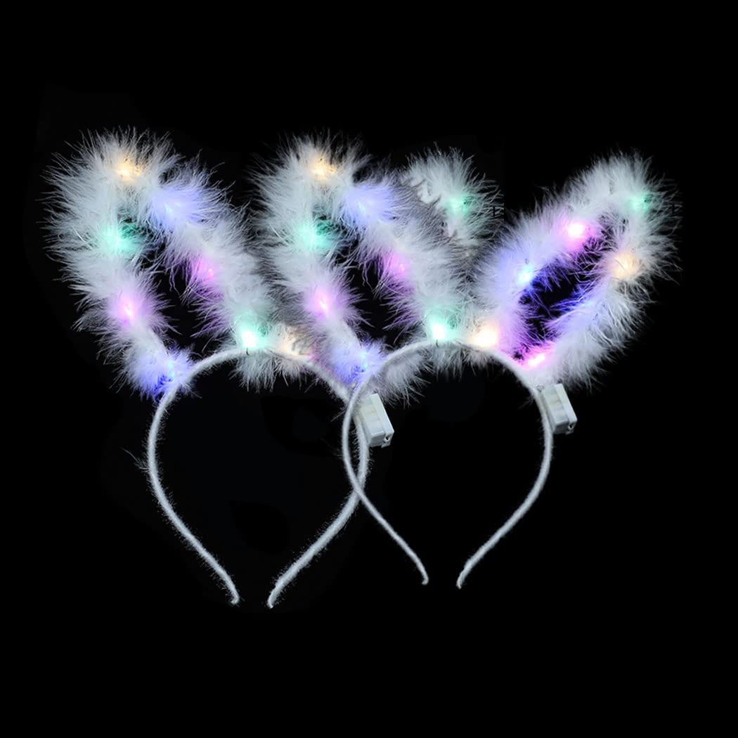 EVILD Light Up Bunny Ears Headband Easter Feather Glitter Head Bands Rabbit Ear Hair Accessory for Women and Girls