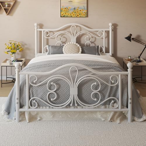 LOEWAY Full Size Bed Frame/Metal Platform Bed Frame with Butterfly Pattern Design Headboard and Footboard/Strong Metal Slats Support/No Box Spring Needed/Easy Assembly/Noise-Free/White