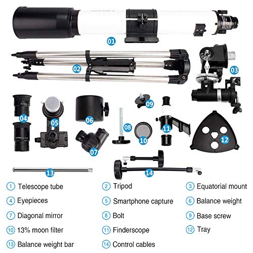 Telescope 80EQ Refractor Scope - 80mm Aperture and 700mm Focal Length, Multi-Layer Green Film, with Digiscoping Adapter for Photography and 13 Percent Transmission Moon Filter