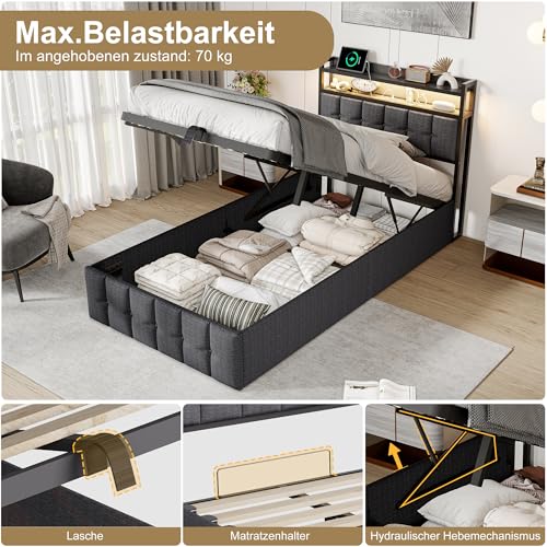 Polsterbett 90x200 cm, LED Einzelbett mit Staufach-Kopfteil und USB-Anschlüssen, Jugendbett 90x200 mit Hydraulischer Stauraum, Gästebett Funktionsbett Stauraumbett Bettgestell mit Lattenrost,Leinen – Bild 5