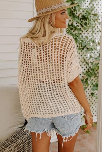 Image of Womens Summer Cover up Beach Sweater Scoop Neck Short Sleeve Crochet Hollow Out Knit Tops Pullover Shirts