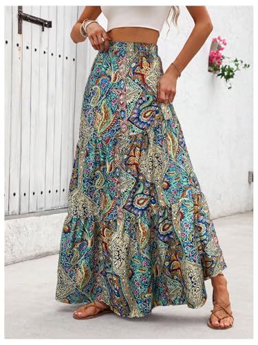 Verdusa Women's Tribal Print Ruffle Long Skirt Boho Flowy High Waisted Western Maxi Skirts4