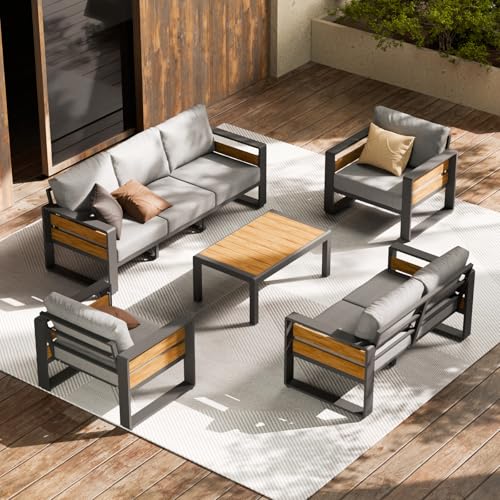 ZANDOR Aluminum Outdoor Patio Furniture Set, 5-Piece Metal Modern Outside Sectional Conversation Lawn Furniture with Coffee Table & Washable Thick Cushions,Seating Sofa for Garden/Backyard/Porch Grey