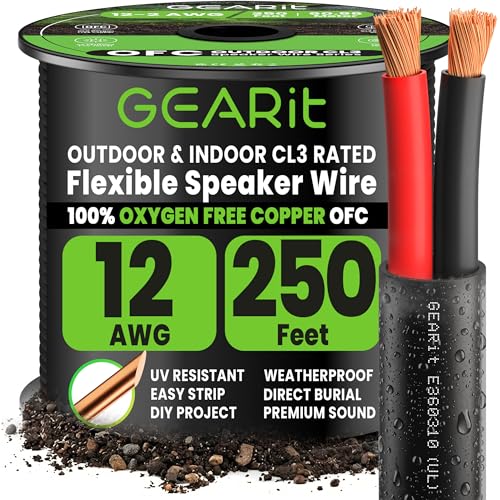 GEARit Outdoor Speaker Wire CL3 Rated, 12 Gauge Speaker Wire, Speaker Cable 250 ft for Outdoor...