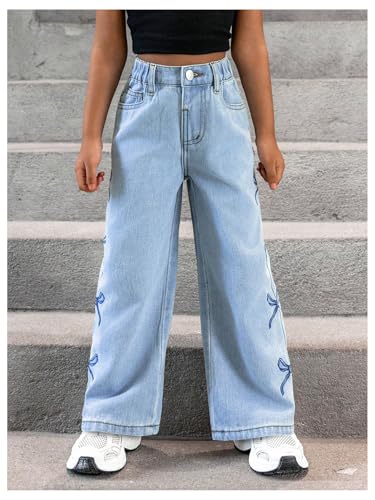 WDIRARA Toddler Girl's Bow Print Wide Leg Jeans Elastic Waist Cute Denim Pants4