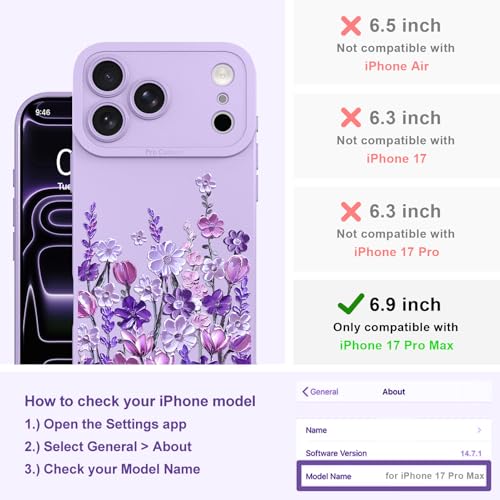 Image of Designed for iPhone 17 Pro Max Case Floral for Women Girls, Purple | Cute Oil Painting Flower Pattern Liquid Silicone Phone Case [Full Camera Protection] Slim Soft TPU Protective Cover