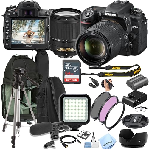 Nikon D7500 DSLR Camera Kit with 18-140mm VR Lens | Built-in Wi-Fi | 20.9 MP CMOS Sensor + Sling Backpack + 64GB Ultra Memory Card + Video Light + Microphone + More (Content Creator Bundle) (Renewed)