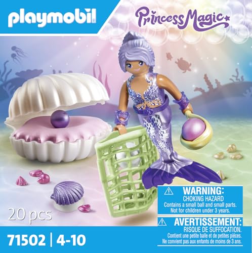 PLAYMOBIL 71502 Sirène avec coquillage et perles - Princess Magic - Comprend un personnage, un grand coquillage en forme de fauteuil, un coquillage qui se fixe sur la baignoire, des perles - Dès 4 ans