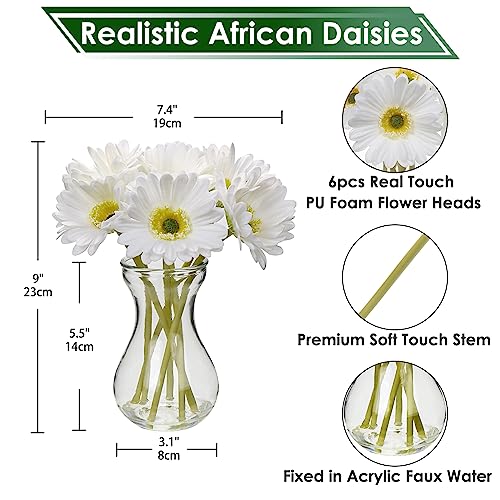 6 pcs Artificial African Daisies with Glass Vase, Small Fake Flowers in Vase with Faux Water - Image 2