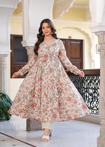 Image of Floral Print Long Anarkali Suit, Full Sleeve V-Neck, Cotton Maxi Length, Beige
