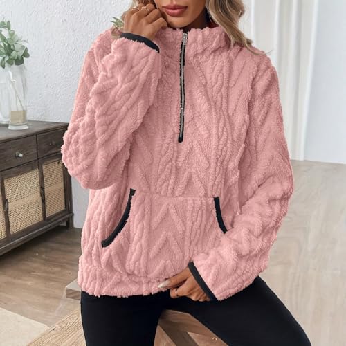Pink Half Zip Fleece Women Quarter Zip Oversized Pullover Sweatshirts - image 4