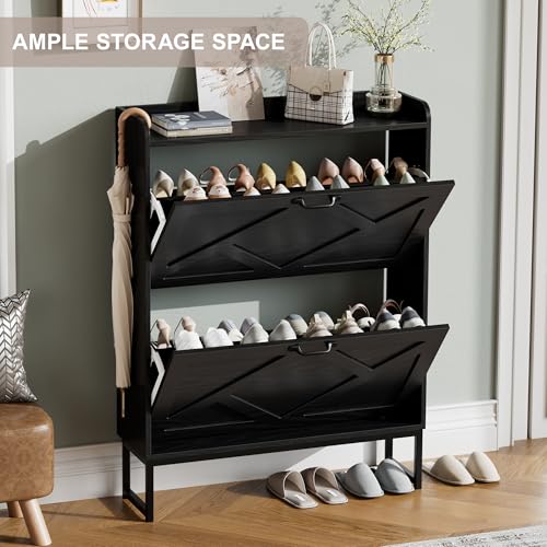 Image of Nicetree Shoe Storage Cabinet with 2 Flip Drawers, Freestanding Shoe Organizer, Shoe Cabinet with Metal Legs, Narrow Shoe Rack Cabinet, Farmhouse Slim Shoe Cabinet for Entryway, Foyer, Hallway, Black