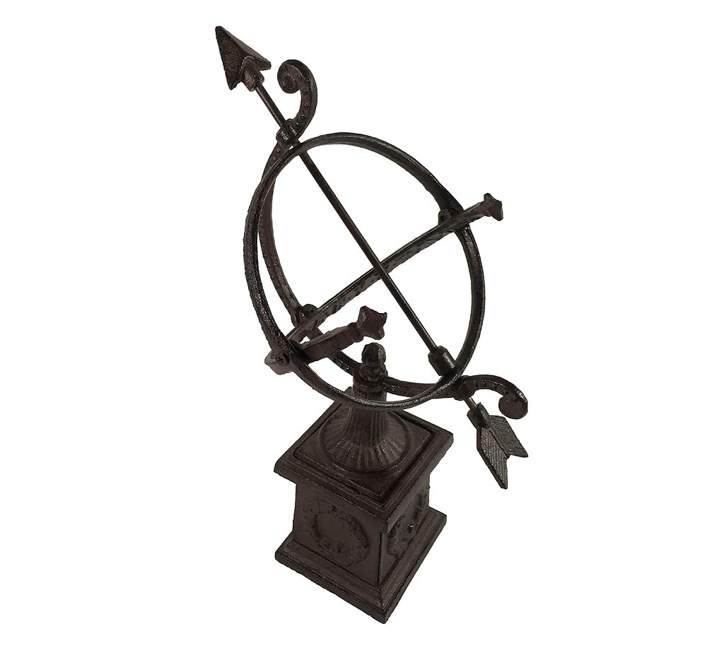 zeitzone Sonnenuhr auf Standfuß Antik-Stil Gusseisen Braun Gartendeko H 34cm