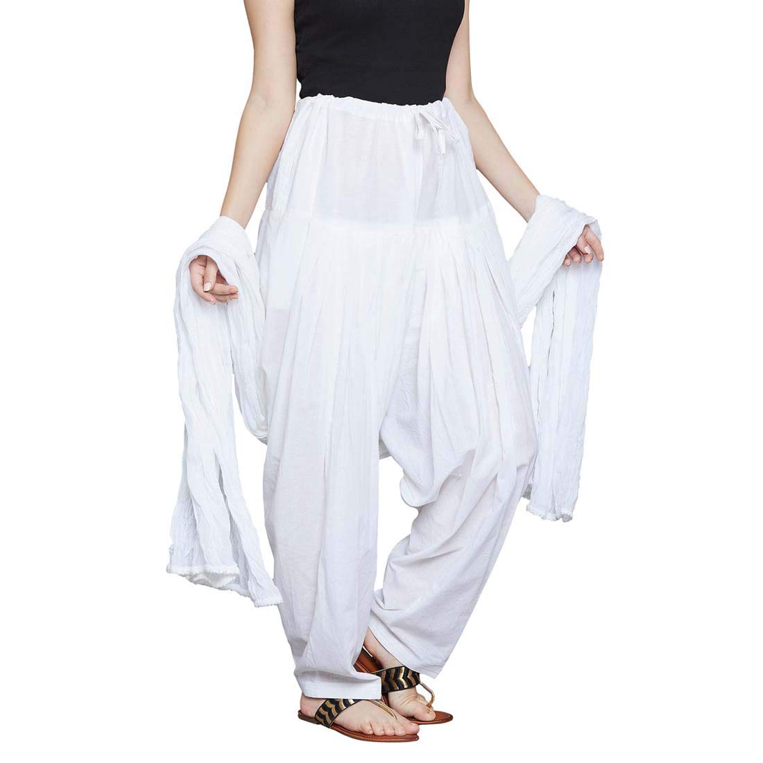Women's Cotton Plain Traditional Punjabi Patiala Pant with Dupatta Set (Free Size)