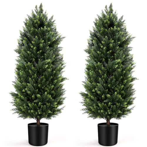 Image of Artificial Cedar Topiary Trees 4FT Set of 2 Potted Outdoor Cypress Tree