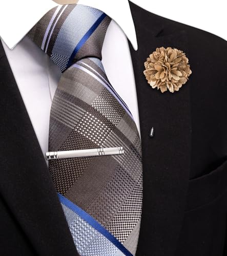Image of Hi-Tie 63 inches Striped Paisley Extra Long Ties for Men Silk Necktie with Lapel Pin Tie Clip Big and Tall Men Formal Wedding