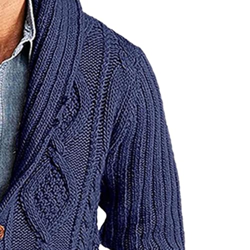 Mens Twists Knitted Sweater Cardigan Cable Knit Shawl Collar Loose Cardigans Stand Collar Cable Knit Button Sweaters (Navy Blue,X-Large)3