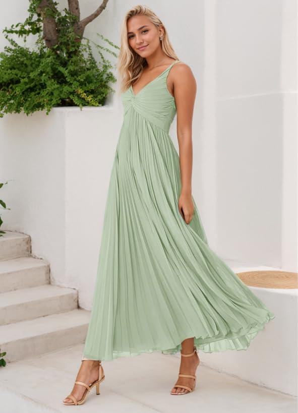 Spaghetti Straps Bridesmaid Dresses for Women Chiffon Ruched Formal Dress V Neck Evening Party Gown2