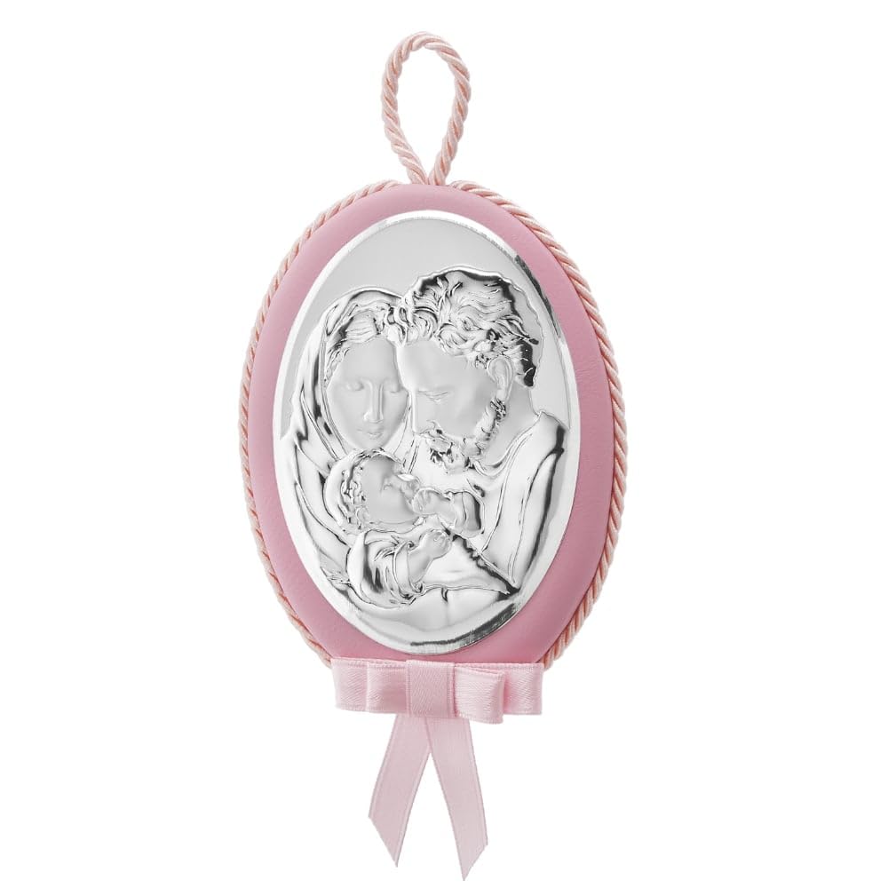 Medaglione Musicale Capoculla Sopraculla Ovale con Sacra Famiglia in Argento, Personalizzabile con Incisione del Nome, Idea Regalo per Nascita o Battesimo da Appendere alla Culla del Neonato Rosa