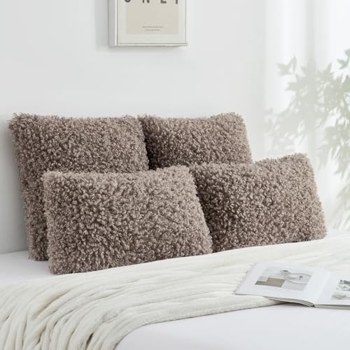 FUTEI Khaki Decorative Throw Pillow Covers 20x20 Inch Set of 2,Soft Fluffy Faux Wool Fur Boucle Textured Cushion Case,Modern Home Decor for Couch Bed Living Room Office