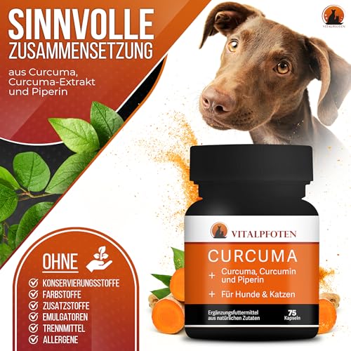 Vitalpfoten 75 Curcuma Kapseln für Hunde und Katzen mit Curcumin und Piperin, Ergänzungsfuttermittel sanfte Dosierung, Herstellung in Deutschland, höchste Reinheit und Qualität