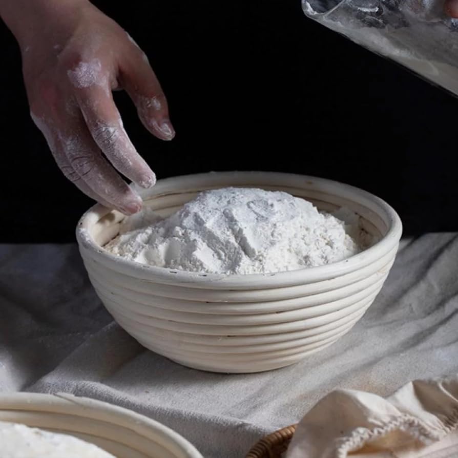 Image of Dimpola Banneton Bread Proofing Basket Banneton Basket Set Sourdough Proofing Basket Round Proofing Bowls Handmade Rattan Baskets and Liners (2 Round 9 inch Baking Set)