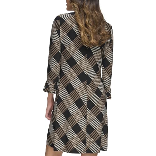 Image of Tommy Hilfiger Women's 3 /4 Ruffle Trim Sleeve Round Neck Jersey Shift Mini Dress