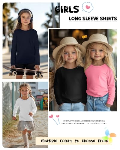 5 Pack Girls' Long Sleeve Shirts Kids Crewneck Basic Tees Solid Color Fall Winter Tops Bulk 5-14 Years3