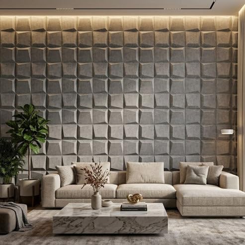 Image of Kayra Decor 3D PVC Wall Panels for Bedroom & Living Room | Cube Design | Gray Marble Color | 19.7 x 19.7 Inch | Pack of 40 | 107.6 Sq Ft