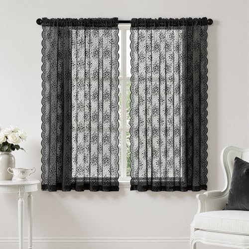 Image of MIULEE Black Floral Lace Curtains 2 Panels, Black 52 inch W x 63 inch L