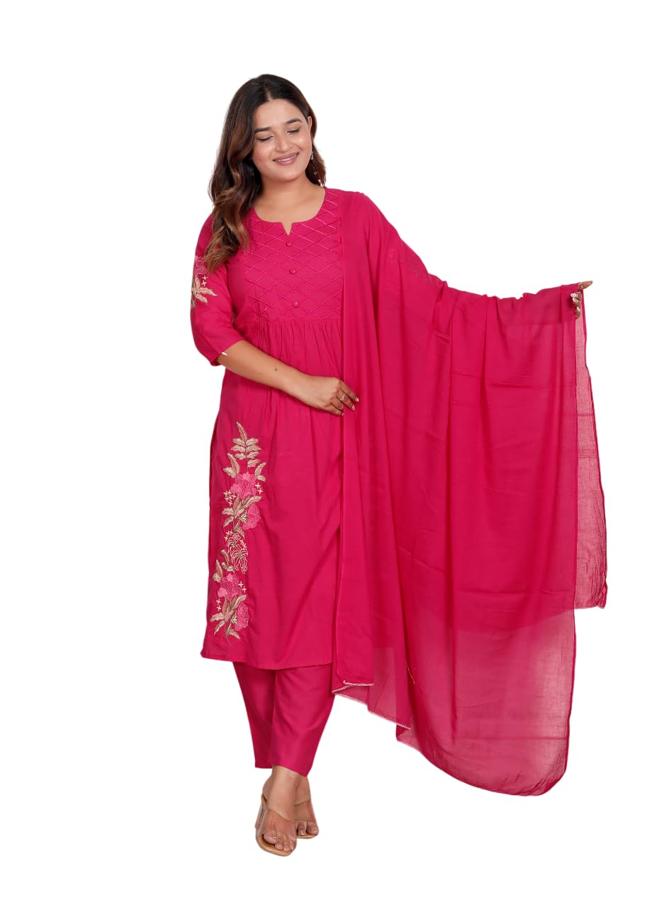 Women's Cotton Embroidered Straight Kurti With Pant and Dupatta Set (Pink)-picture-45