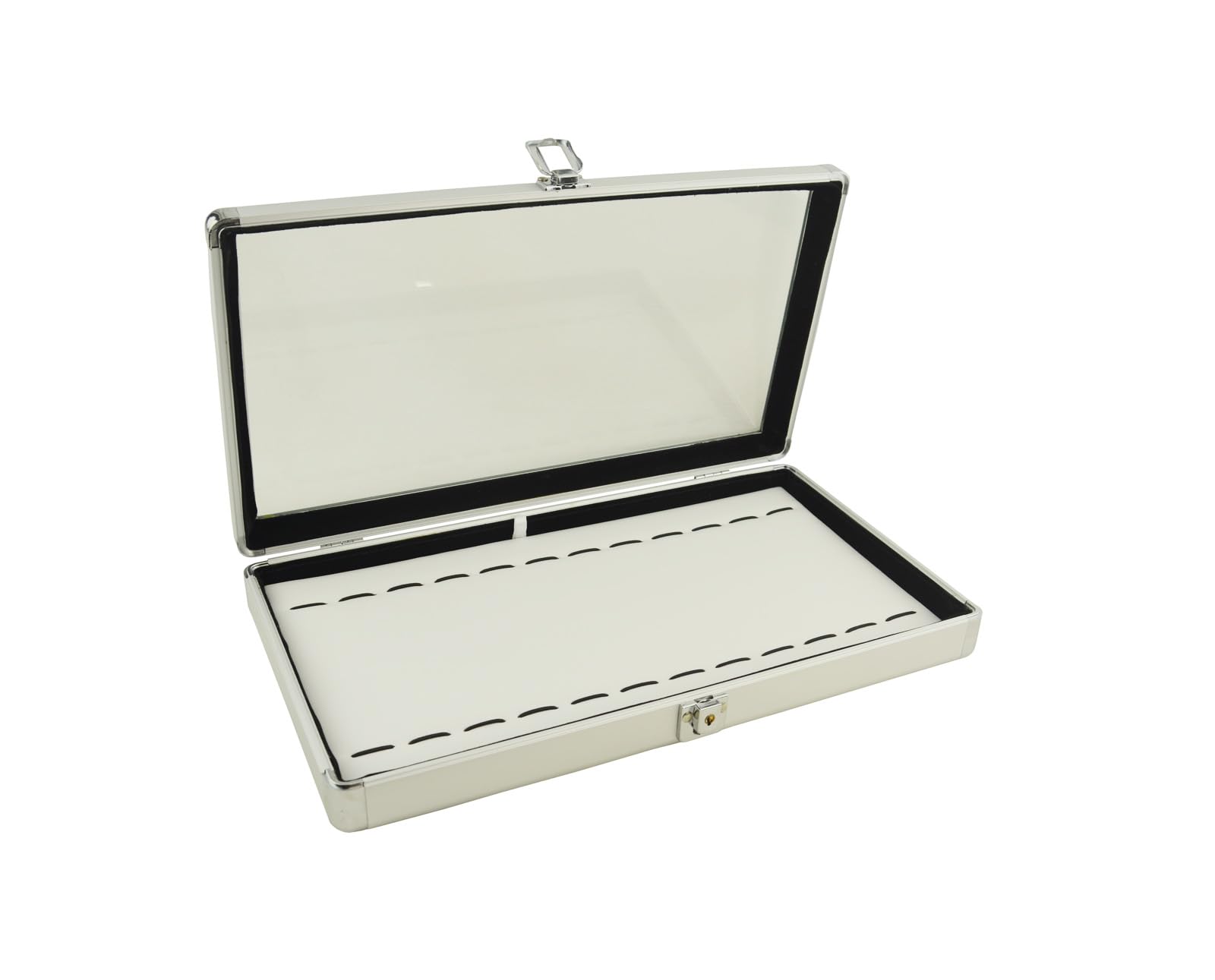 Box Displays Aluminiowa szklana pokrywa gablota, zamek i organizer do przechowywania kluczy, z możliwością wyboru wkładki ekspozycyjnej na biżuterię (etui z 12 przeszytymi sznurkami bransoletka