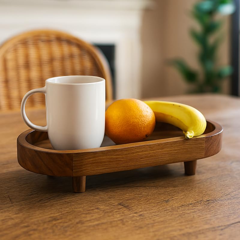 Image of D&G Homes Wooden Serving Trays, Large Sheesham Wood Serving Tray with Legs,13 x 6 x 2 in, Stackable Platters for Serving Cakes, Pastries, Snacks, Breakfast, Coffee Table, Party, Home Decor