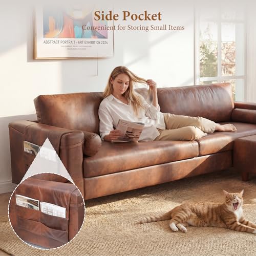 Image of Vesgantti 100 inch PU Faux Leather Couch with Movable Ottoman, Large 3 Seater L Shaped Leather Sectional Sofa with Side Pocket, Comfy Mid Century Modern Modular Sofa for Living Room, Apartment, Cocoa
