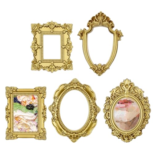 Sibba Vintage Resin Picture Frame 10 PCS Mini Gold Baroque Small Antique Ornaments Table Top Jewelry Display Oval Rectangle Wall Hanging Photography Holder for DIY Photo Christmas Home Decor