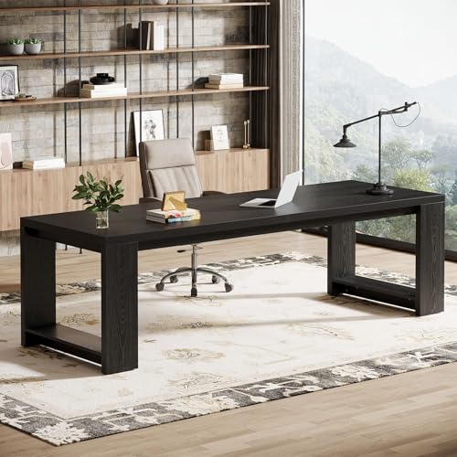 Image of Tribesigns 2 Person Desk Set of 2, 86.6 Inches Extra Long Desk, Two People Computer Writing Table, All Wood Large Desks Workstation for Home Office, Black