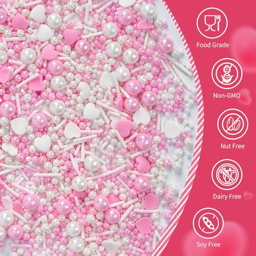 Image of Edible Heart Sprinkles for Cake Decorating,White Pink Pearl Sugar Jimmies Mix Size 130g /4.58oz,Baking Candy Decorations,Cupcake Toppers,Cookie Donuts Ice Cream Dessert Decorating,Wedding Birthday Party Supplies