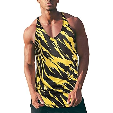 chemises d'épaule homme Des sports haut classique T-shirts sans manches Jogging salle de fitness sous-vêtement maillot de corps la chemise imprimé décontractée, A-yellow, XL Cover