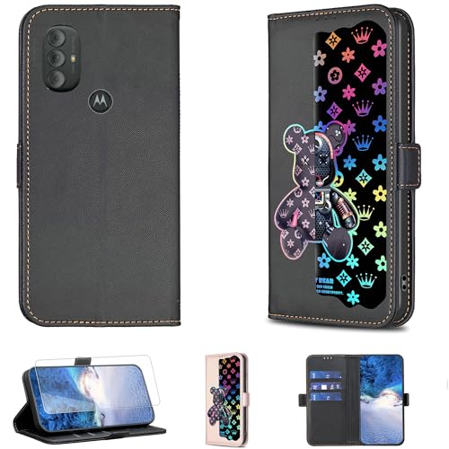 jioeuinly Case Compatible for Motorola Moto G Power 3rd Gen 2022 Phone Case Flip Stand Cover [with Tempered Glass Screen Protector] JXX-Black