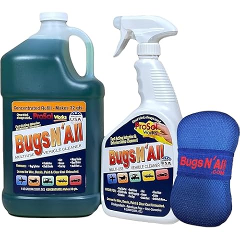 PROSOL WORKS Bugs N' All Multi Surface Cleaner Spray Concentrate 1 Gal. w/Empty Cleaning Spray Bottle 32 oz. & Bug Sponge for Car Washing - Mutli-Vehicle Cleaning - Bug & Tar Remover for all Vehicles Cover