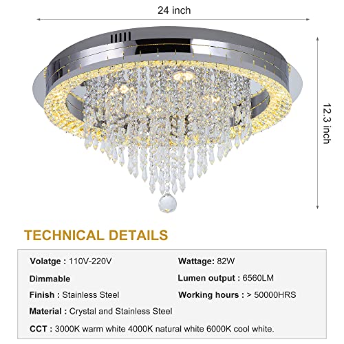 Sunny Hawaii Large Elegant Bead Crystal Chandelier, 24In Modern Led Indoor Ceiling Lamp, Flush Mount Ceiling Light Fixture For Kitchen Bathroom Bedroom Dining Room. #TOP2