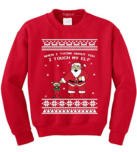 NuffSaid When I Think About You I Touch My Elf Ugly Christmas Crewneck Sweater (XLarge, Red)